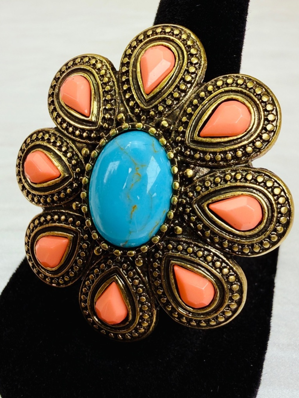 Bohemian chic, aged bronze, stone, colorful flower adjustable statement ring